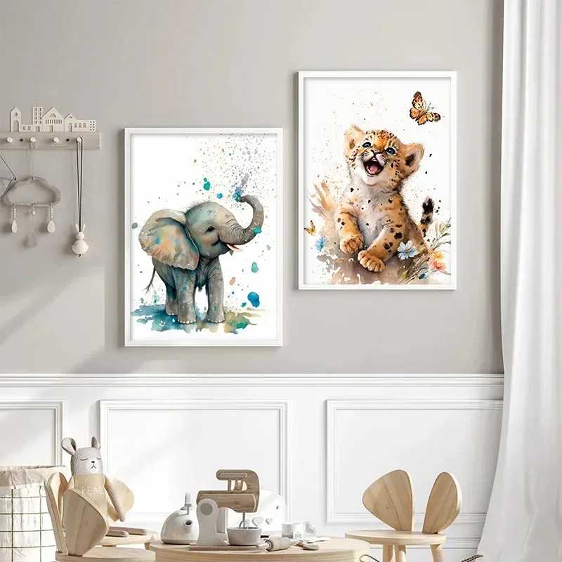 Elephant Panda Tiger Koala Cat Cartoon Animal Watercolor Posters Nursery Canvas Painting Wall Art Print Pictures Baby Room Decor