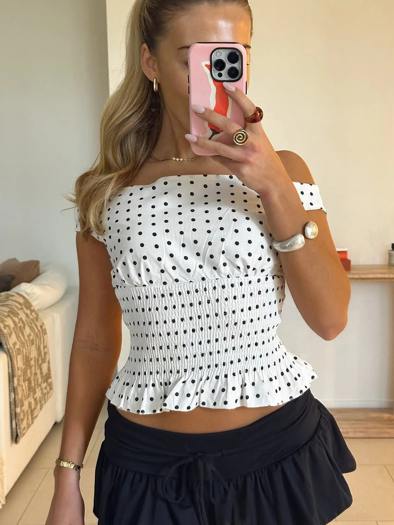 

Dulzura Summer Fashion Sexy Off Shoulder Backless Polka Dot Shirring Slim T-Shirt Women Casual Versatile Street Style Y2K Outfit