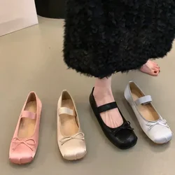 Newest Fashion Luxury Satin Silk Ballet Shoes Woman Classic Square Toe Bowtie Elastic Band Ballerina Flats Ladies Soft Loafers