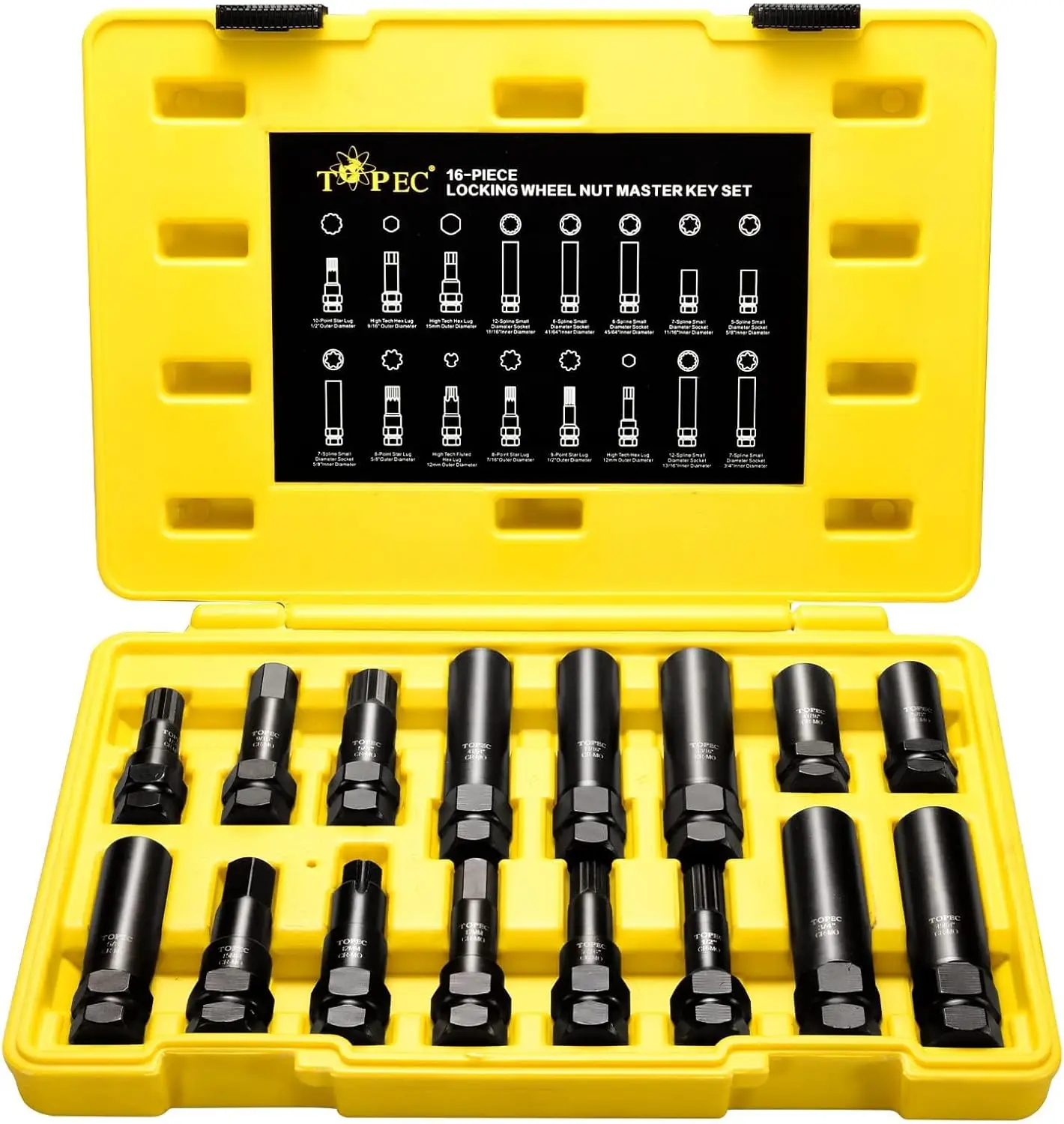 

16-Piece Locking Lug Nut Master Key Set | Spline, Star & Hex Socket Kit for Car Wheels
