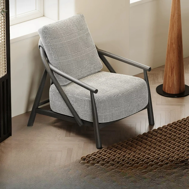 Sofa chair Solid wood designer leisure chair Thousand birds grid medieval living room ash wood lazy recliner