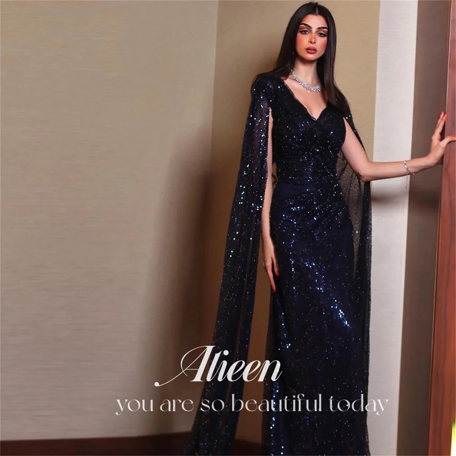 

Aileen Customized Shiny Navy Blue Shawl Bead Embroidery Chubby Elegant Party Dresses Evening Woman Gala Prom Wedding Dress 2024