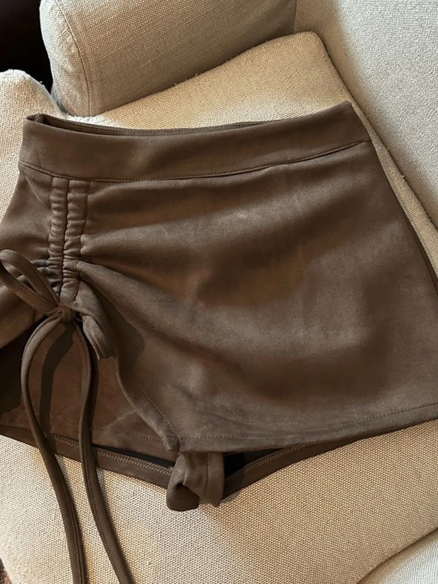 High Waist Suede  Skirt Women's Drawstring Slimming A-Line Skirt Trendy Short Skirt Commute Simple Style Inner Lined