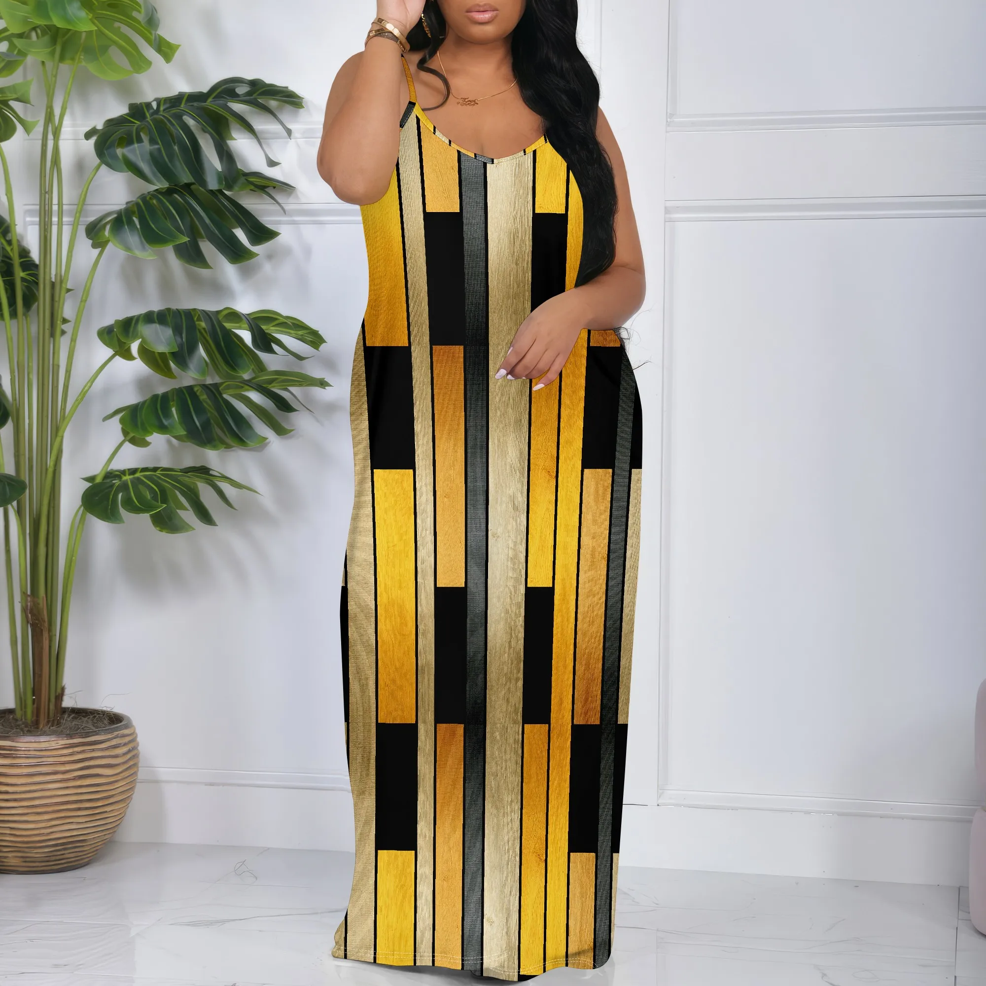

S-3XL Geometric Stripe Maxi Dress for Women Yellow Black Wood Look Style for Urban Streetwear or Art Museum Outfit