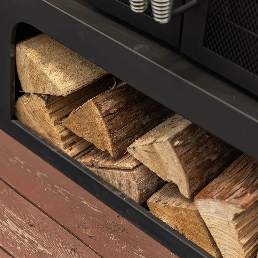 Large Outdoor Rectangular Steel Fireplace with Woodburning Feature, Side Tables, Log Storage, and Poker