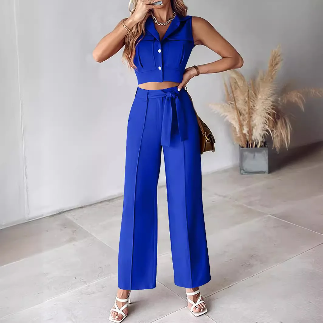 Fashion Solid Suit For Women Elegant Lapel Single Breasted Sleeveless Top Lace Up Straight Trousers Two Piece Set Summer New