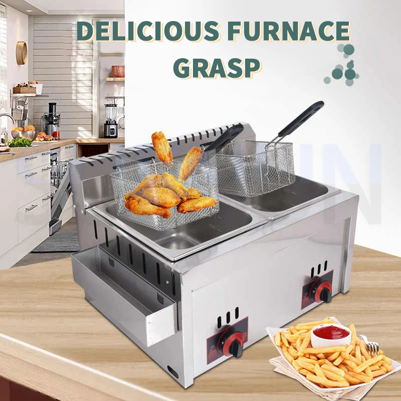 12L Stainless Steel Gas Fryer Countertop Fried Chicken French Fries Machine Commercial Deep Fryer Machine with Dual Tanks