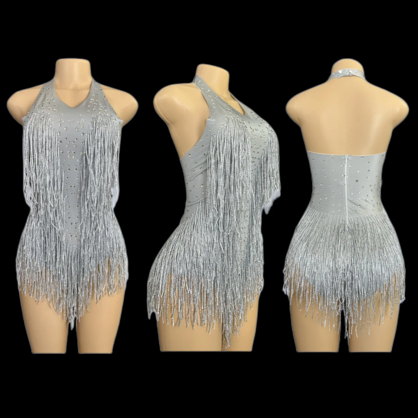 Sparkly Rhinestones Fringe Bodysuit WomenVightclub Party Dance Costume Stage Wear SexyTassel Leotard Performance Clothing  7G