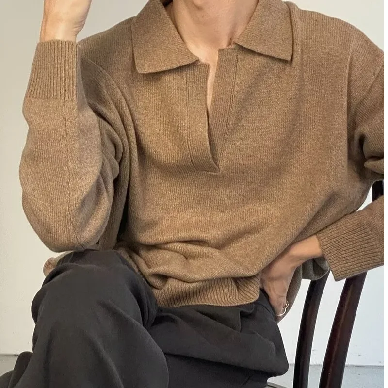 

Warm Knitted Long Sve irt Coarse Needle Turn-down Collar Men's American Pure Color Autumn Winter New Sle Top