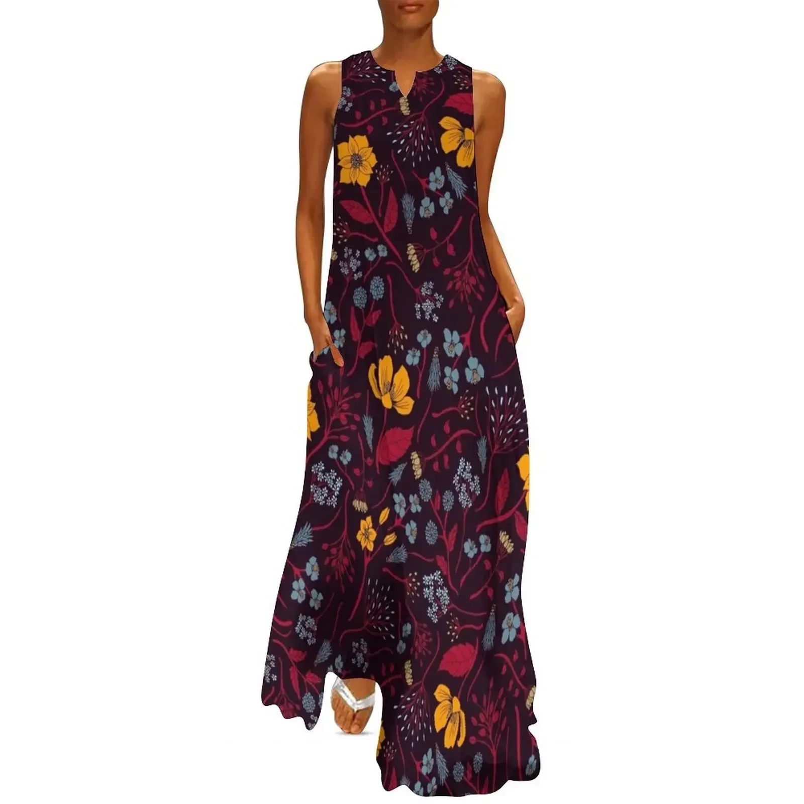 

Mustard Yellow, Burgundy & Blue Floral Pattern Long Dress luxury dresses Party dresses for women beach dress cute dress