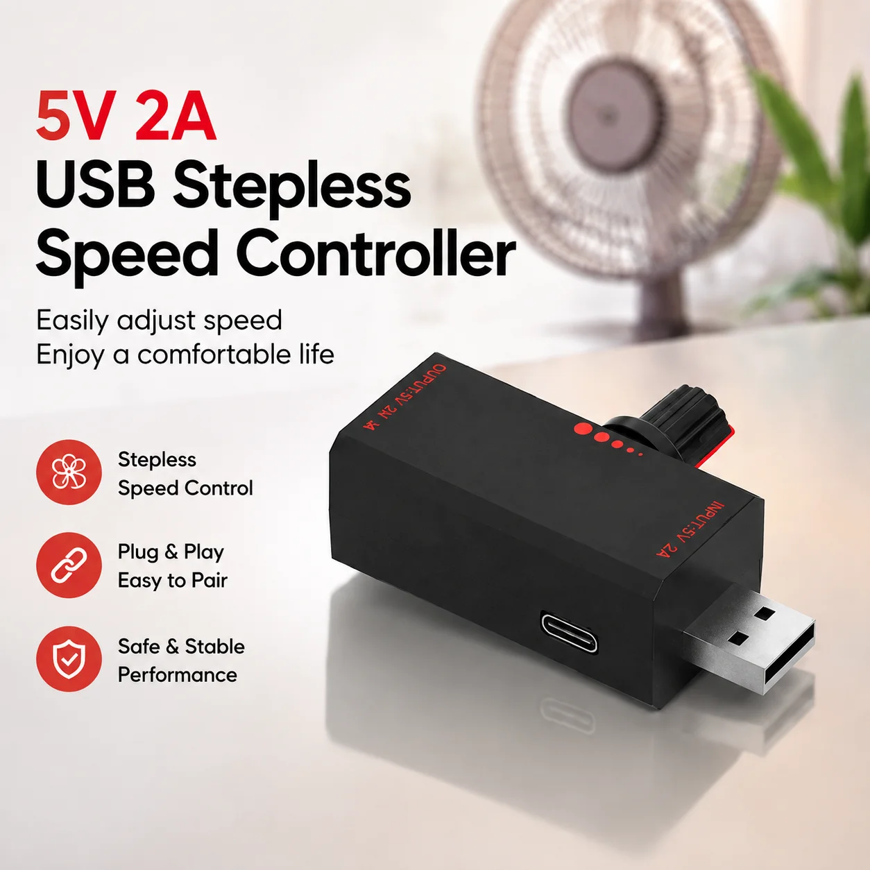 5W DC5V2A Fan Speed Controller Induction Speed Controller with Switch USB Protection Type-C USB Laptop Cell Phone Cooling