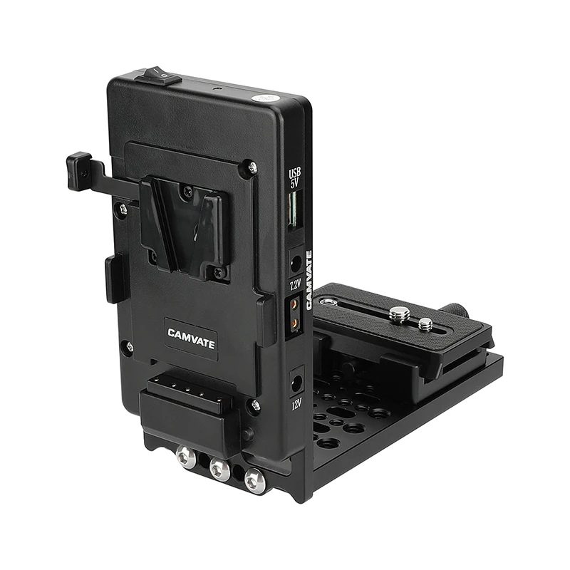 CAMVATE Camera L Plate L-Shaped Bracket with V-Mount Power Supply Splitter Adapter and Manfrotto QR Plate Clamp For Canon Camera