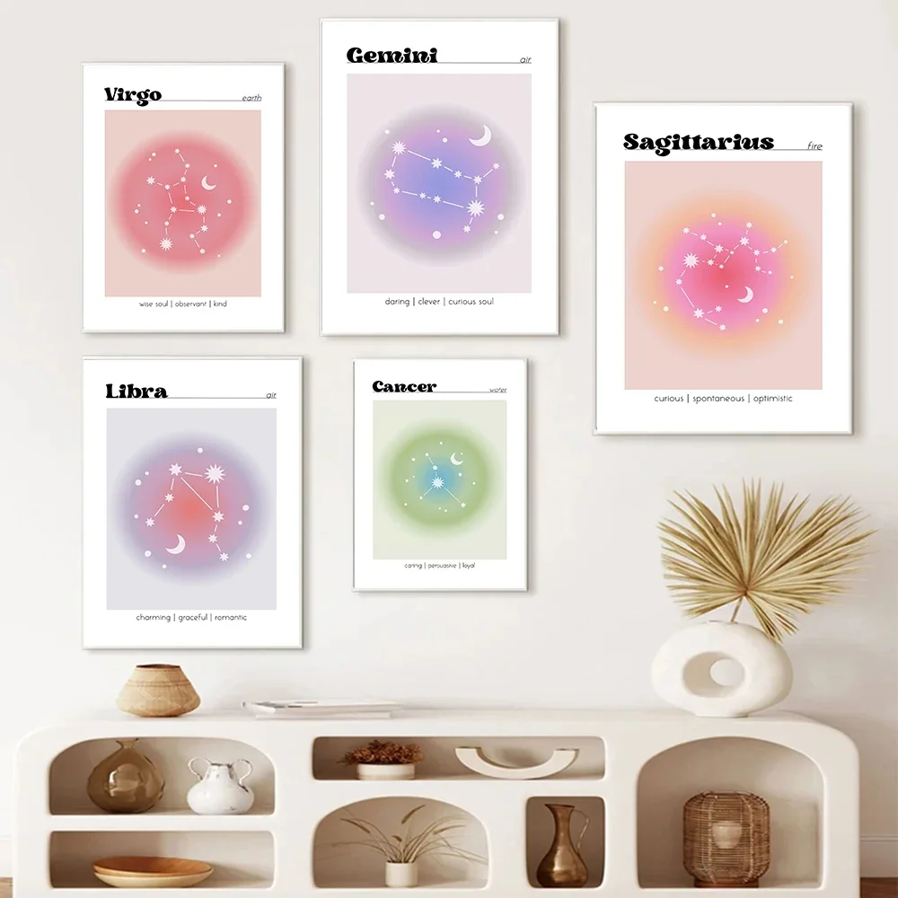 Pintura en lienzo decorativa, constelación, Aries, Virgo, Acuario, pintura en lienzo degradado, imagen artística de pared, decoración del hogar para sala de estar