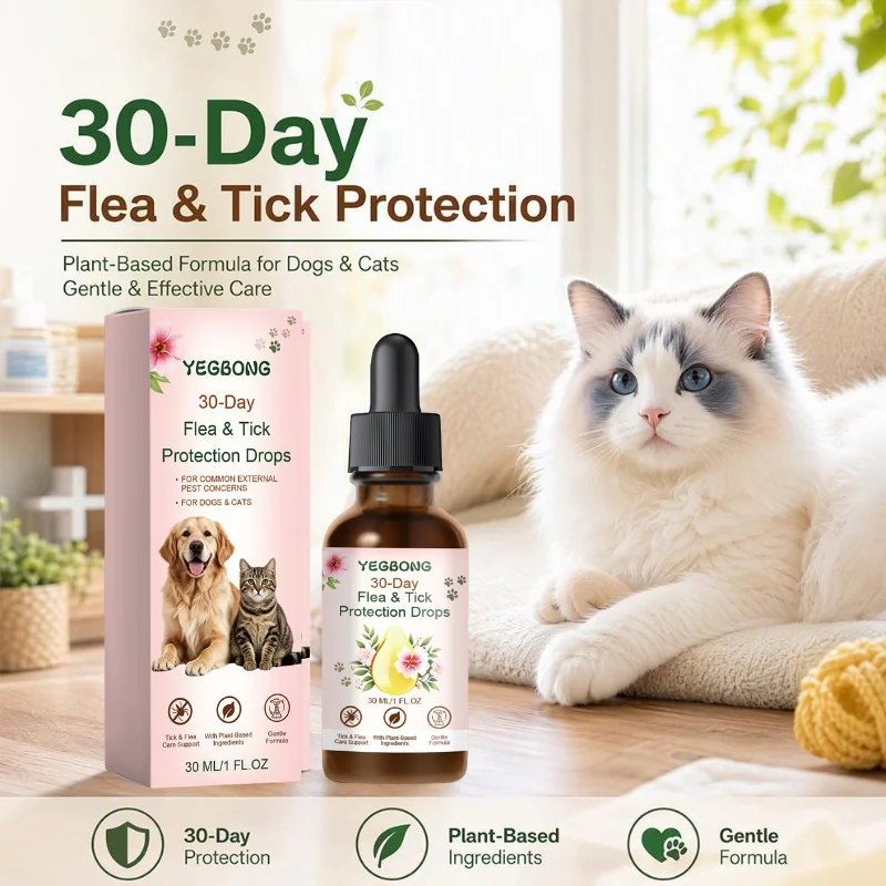 30ML 30‑Day Flea Tick Protection Drops Plant‑Based Gentle Formula External Care Drops For Dogs And Cats Effective Care