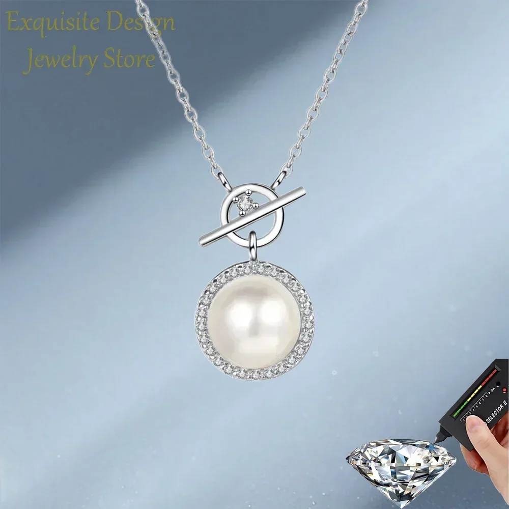 Exquisite Design Classic 8mm Pearl Pendant Natural Freshwater, 0.14ct Moissanite PT950 Platinum Necklace for Women Wedding Girl