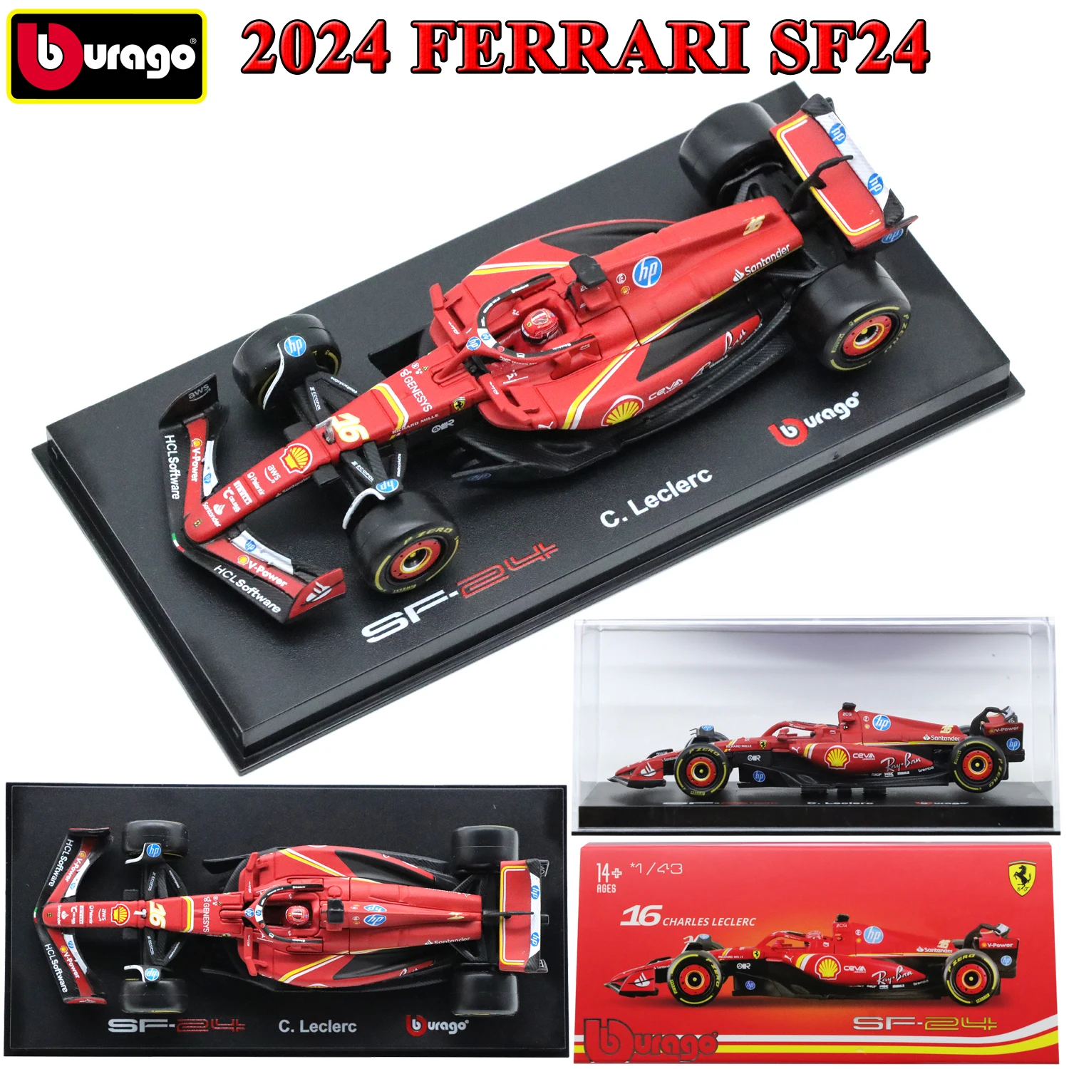 1/43 Bburago 2024 F1 FERRARI SF24 Racing With Helmets Alloy Diecast Toy Rubber Tires HALO Cars Gift For Adults