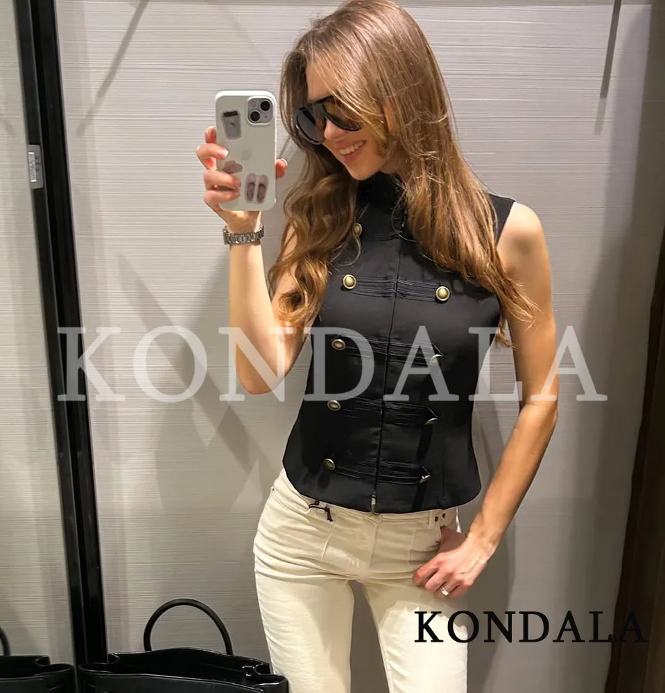 KONDALA Lady Vintage Cool Vest Jacket High Street Stand-Collar Vest Women 2026 Spring Summer New Trendy Chic Slim Zipper Vest
