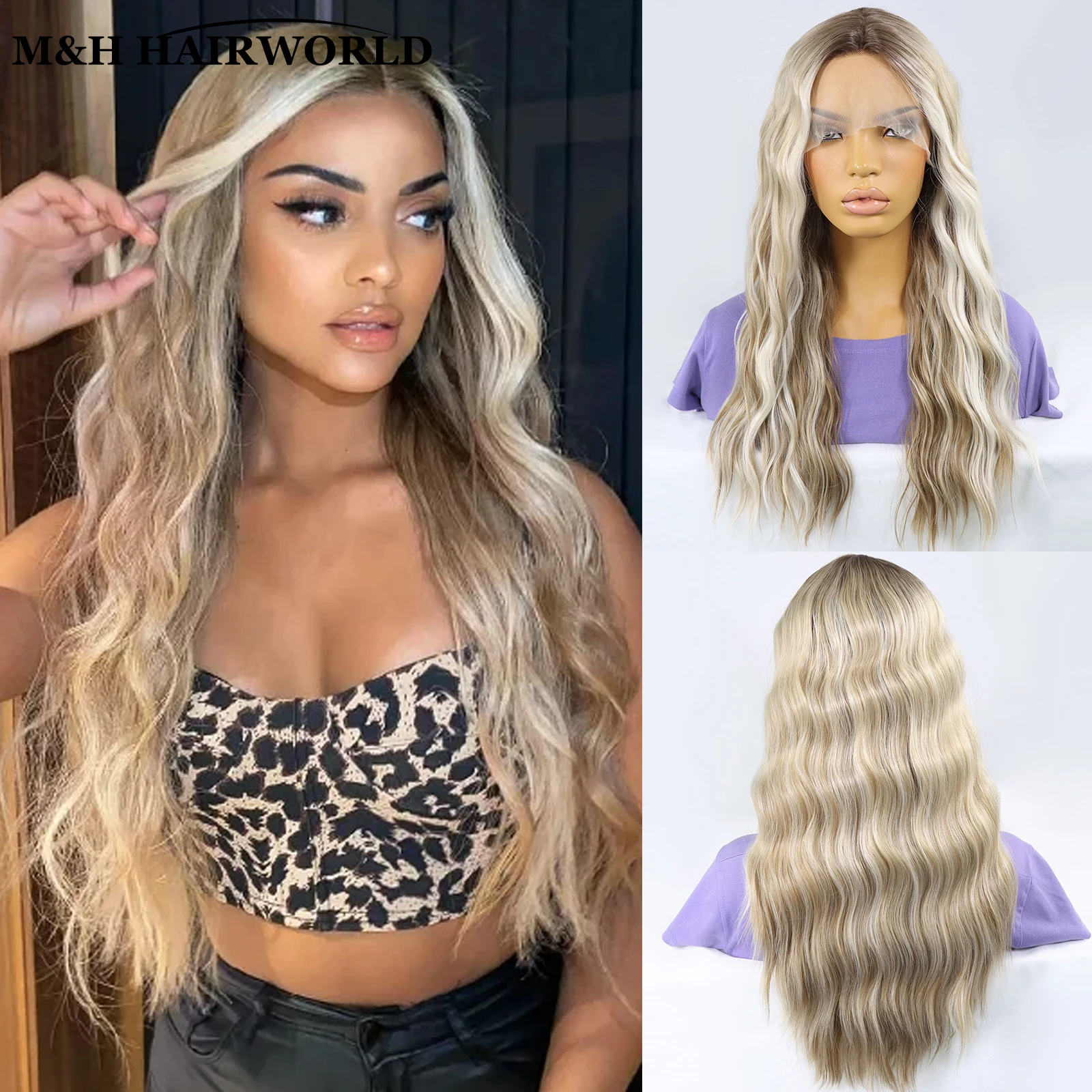 

Toffee Blonde Highlight Color 13x3x1 Frontal Lace Wigs For Women Long Loose Wave Synthetic Hair T-Part Lace Front Wigs For Daily