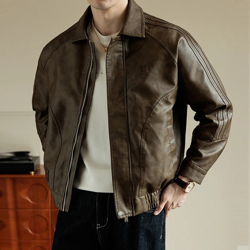 Vintage Leather Motorcycle Jacket Men A2 Flight Suit PU Leather Workwear Top Layer Cowhide Loose Lapel Large Size Zipper Closure