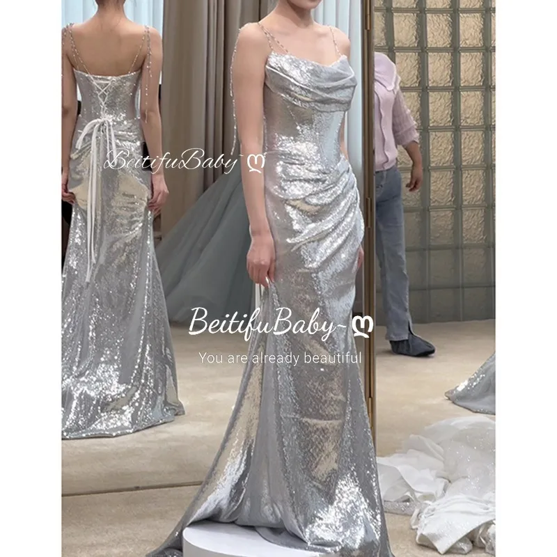 BeitifuBaby Simple Style Evening Party Dresses for Women Fashion Off The Shoulder Sleeveless Banquet Gown Sliver Formal Dress