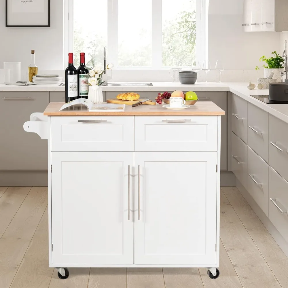 Kitchen Island Cart on Wheels, with Side Towel Bar, 2 Drawers, 2 Door Cabinet, Rolling Storage Trolley Cart with Rubber