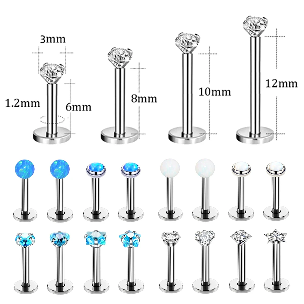 

8X Varies Style 3mm Opal Zircon Labret Monroe Lip Ring Stud Internally Threaded 6/8/10/12mm Steel Bar Ear Helix Piercing