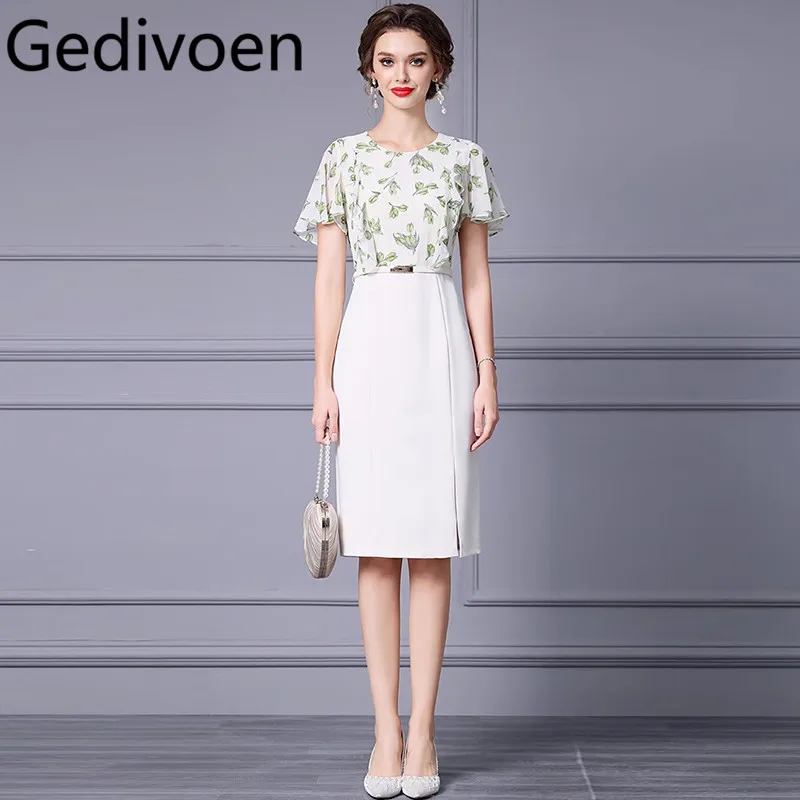 

Gedivoen Summer Fashion Runway Designer Dresses Women's Vintage Floral Print Chiffon Patchwork Sashes Buttock Covering Dresses