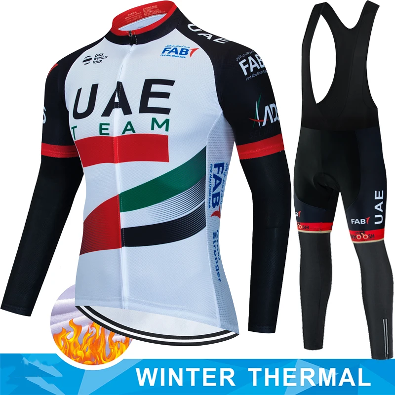 UAE Cycling Jersey Thermal Sets Winter Fleece Man Outfit Suit Retro Men's Long Sleeve Bike Mens Clothes Cycle 2024 Bib Set Road