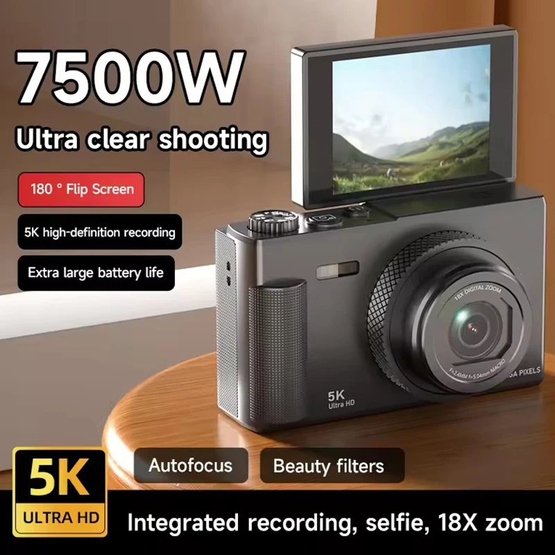 

Цифровая камера 180° ° Камера для видеоблога с откидным экраном 5k, 75 Мп, с защитой от сотрясений, 18x зум, портативная камера для тела для студентов, подарки, новинка 2026 года