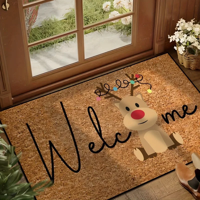 Christmas Welcome Door Mat, Holiday Decor, Carpet and Mats for Indoor and Outdoor Entrances, Non-slip, Machine Washable