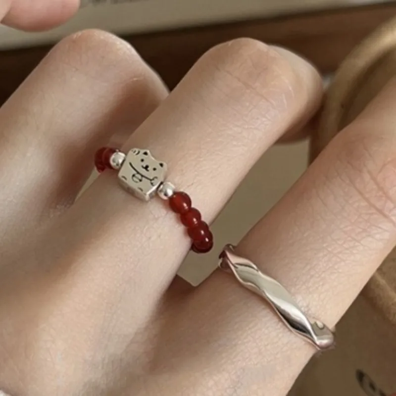VENTFILLE 925 Sterling Silver Ring for Women Lucky Cat Agate Beads Wealth Cute Romatic Office Jewelry Gift Dropshipping