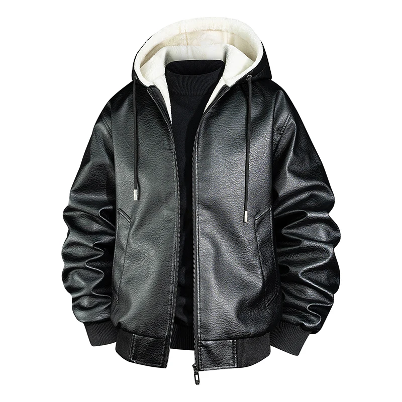 Men Fleece Lined Hooded PU Leather Jacket Winter Warm Zip‑up Coat Casual Windproof Faux Leather Outerwear