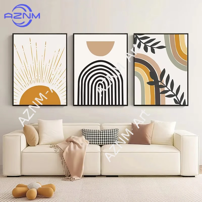 1 Stück/3 Stück Boho Sonnen-Wandkunst Poster Abstrakte Geometrische Blätter Leinwandgemälde Moderne Wohnzimmer Schlafzimmer Flur Heimdekoration