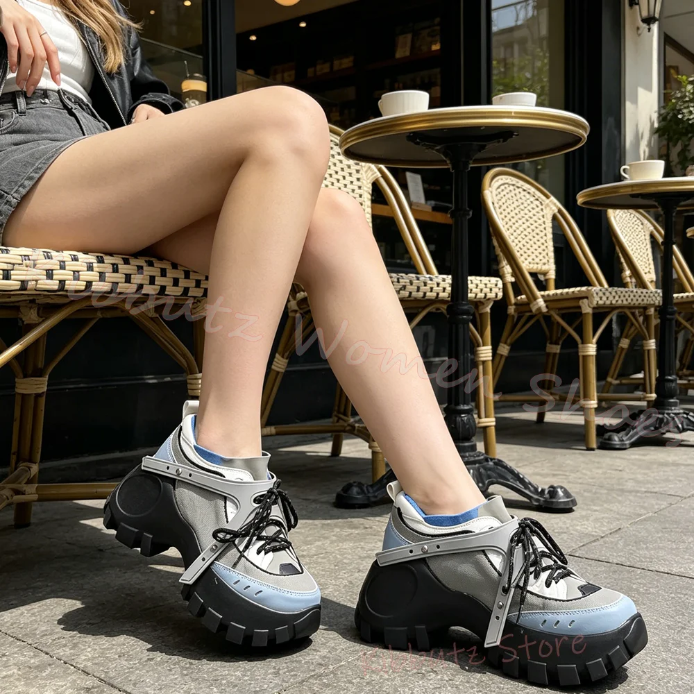 Women Platform Sneakers Chunky Sole Lace Up Shoes Mesh Sport Casual Round Toe Running Shoes Fashion Comfortable Mixed Color New