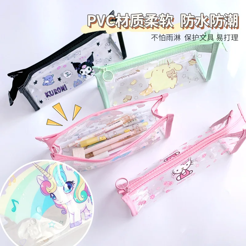 Sanrio Pvc Pencil Case Hello Kitty Cartoon Waterproof Makeup Organizer Case Toiletry Bags Girls Translucent Frosted Pencil Bag