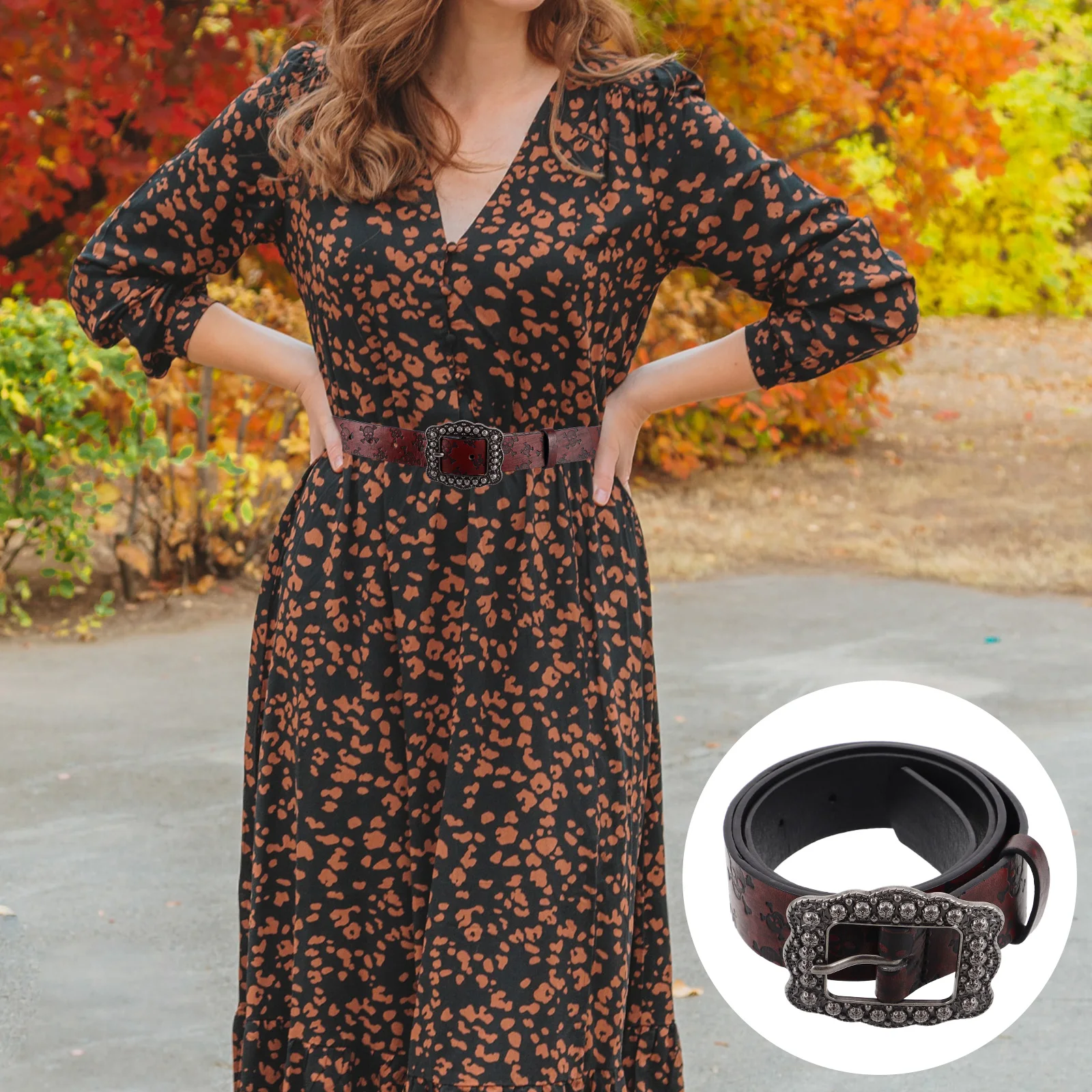 

Retro Embossed PU Belt Vintage Western Style Women Dress Belts Elegant Distressed Finish Intricate Pattern Adjustable Waist