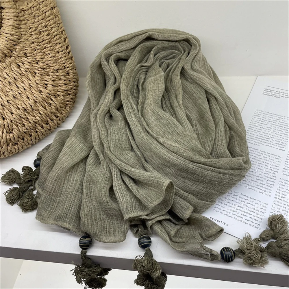 Women's Retro Literary Wooden Bead Pendant Cotton Linen Scarf Solid Color Spring Autumn Winter All-match Long Casual Shawl Gifts