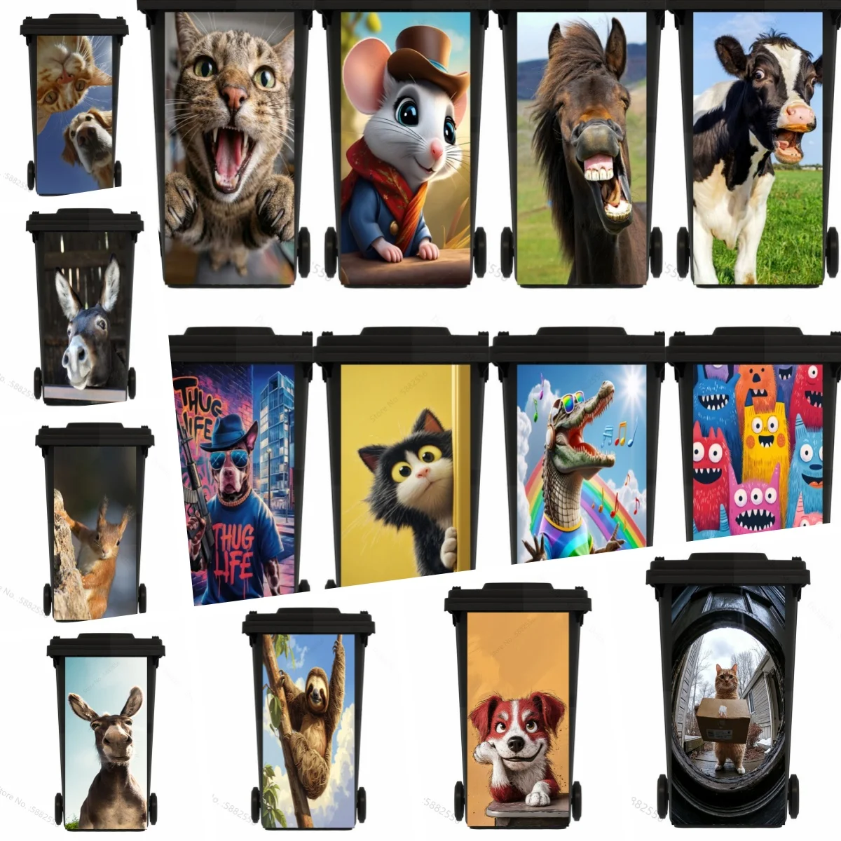 Funny Cartoon Animals Trash Can Sticker Peel & Stick Waterproof Removable Home Decor PVC Garbage Cute Dog Art Mural Wall Decals
