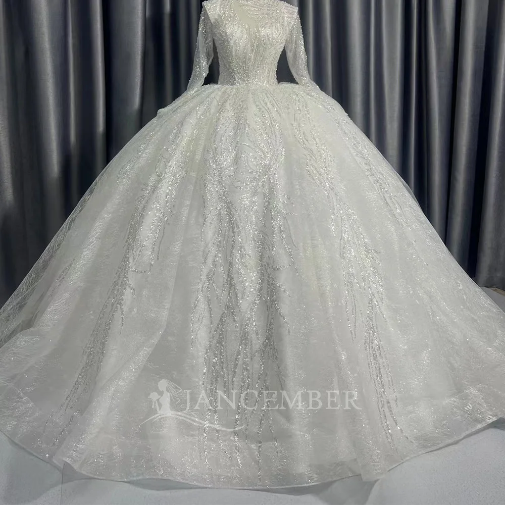 하이넥 프린트 웨딩드레스 클래식 볼 가운 플로어 길이 오간자 프린세스 볼 가운 맞춤 제작 웨딩드레스