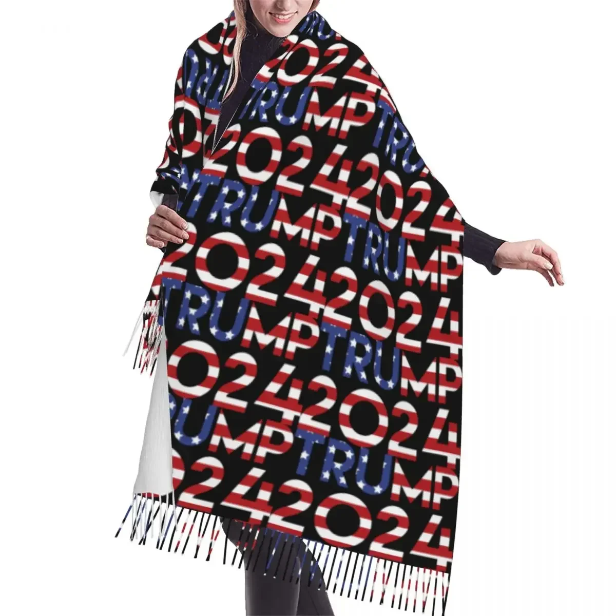 Fashion Trump 2024 MAGA Tassel Scarf Women Winter Warm Shawl Wrap Lady USA Flag Scarves