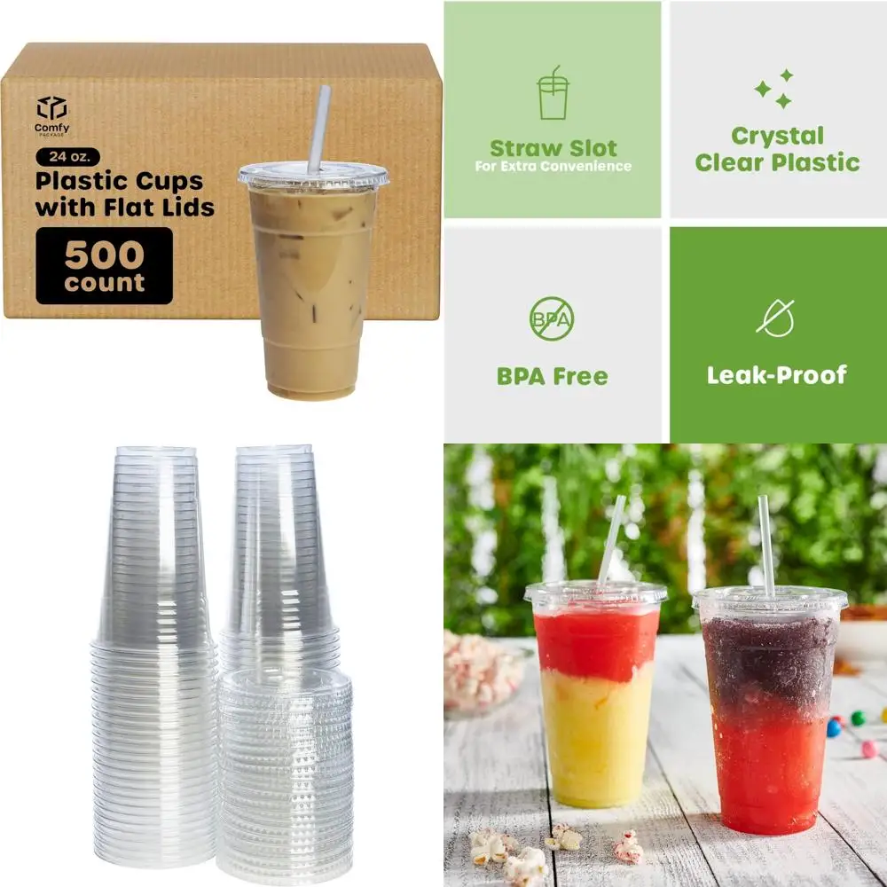 

Disposable 24 oz Clear Plastic Cups with Lids, Case of 500, Ideal for Cold Beverages, Disposable Coffee Cups