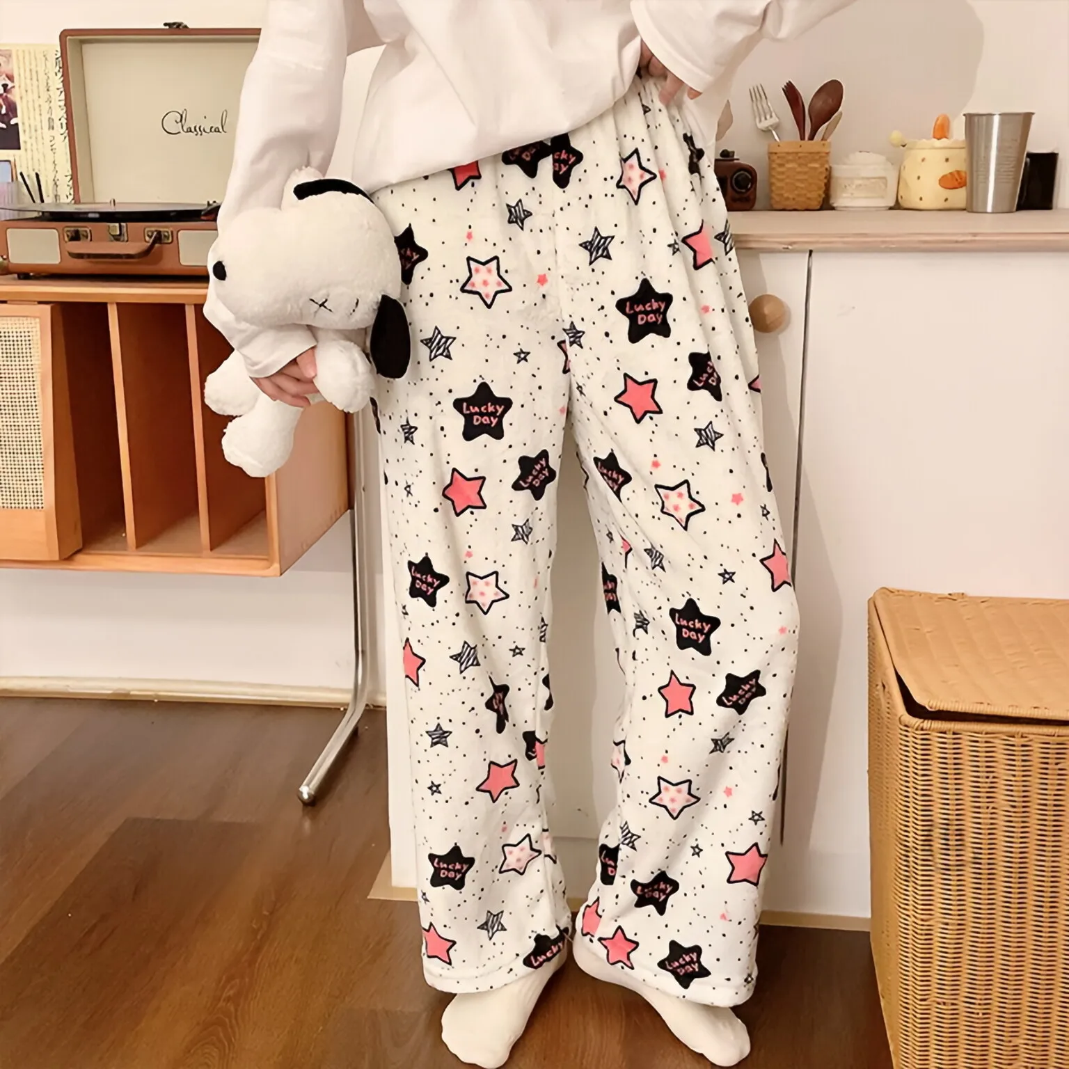 Lucky Stars Pajamas Pants Cute PJ Pants Warm Fluffy Women Pyjamas Korean Kawaii Fuzzy Flannel Sleepwear Girls Homewear Trousers