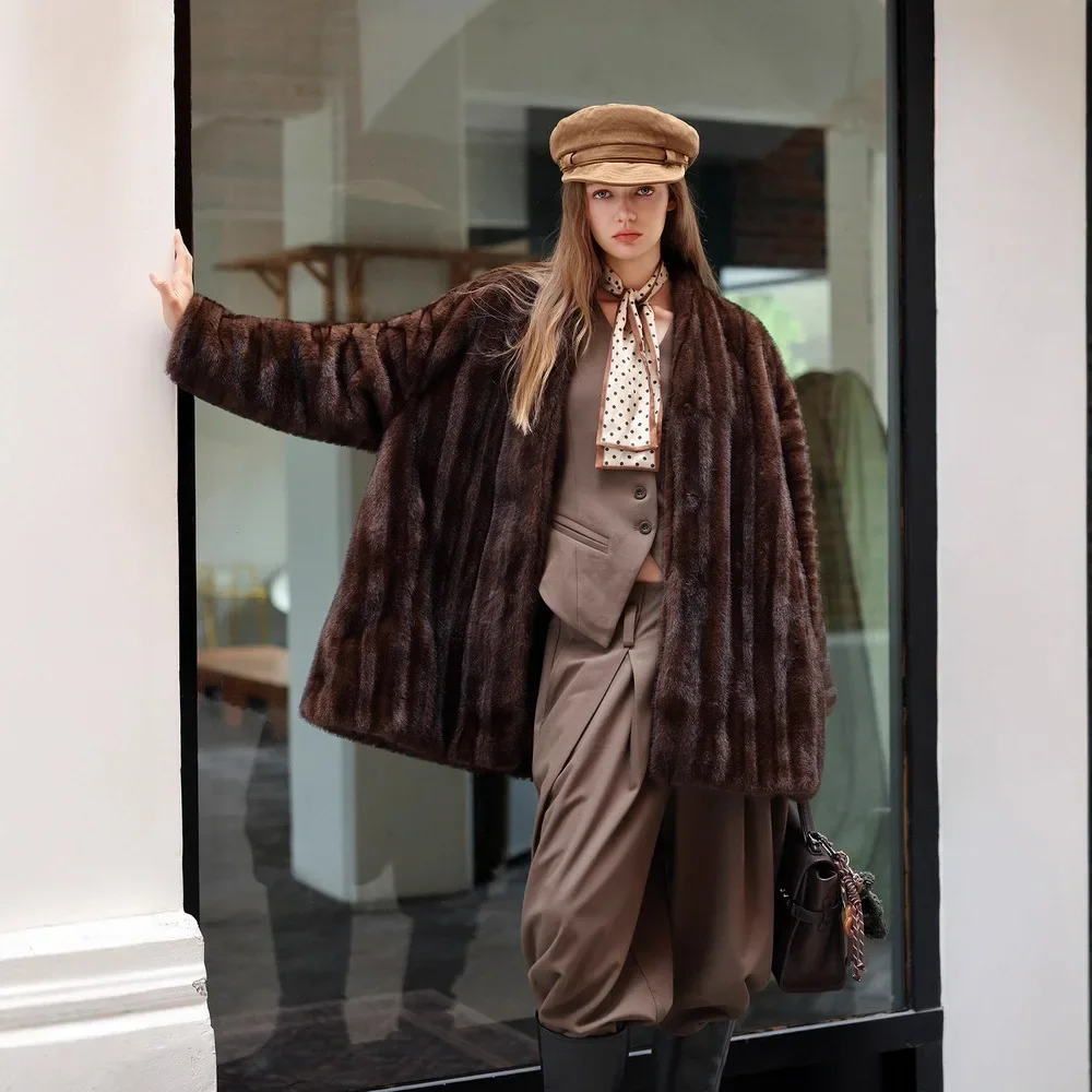 

Y2K Temperament Ladt Eco Fur Coat Vintage Women Winter Imitation Fur Jacket Mid Length Solid Stand Collar Female Mink Fur Coat