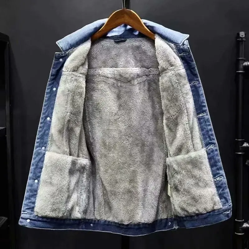 Herren Fleece-Gefütterte Jeansjacke Winter Dicke Warme Sherpa-Jeansjacke Koreanischer Stil Lose Übergroße Arbeitskleidung Lässige Oberbekleidung für Männer – Detail 7