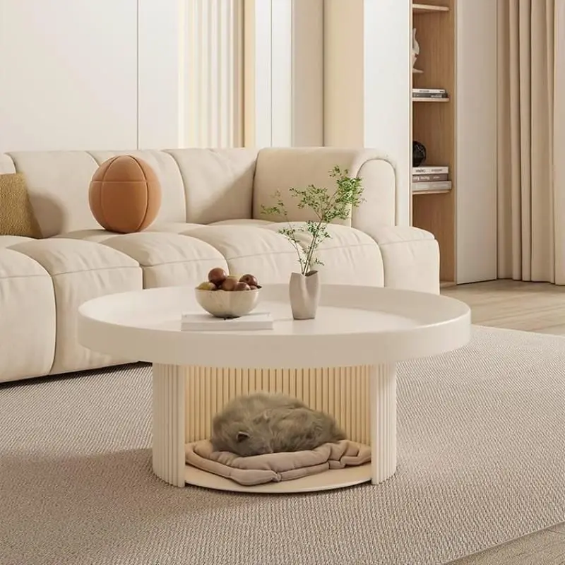 French cream style minimalist living room sofa, coffee table, small layout designer, creative pet circular small coffee table