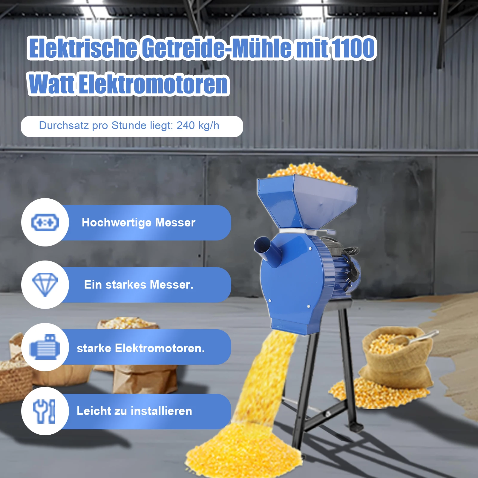 1100W Elektrische Getreidemühle 240kg/h, Maiszerkleinerer Futtermittelprozessor mit 4 Sieben 2-5mm für Weizen Gerste Reis Kaffee, Tischmontage Hochleistung – Blau