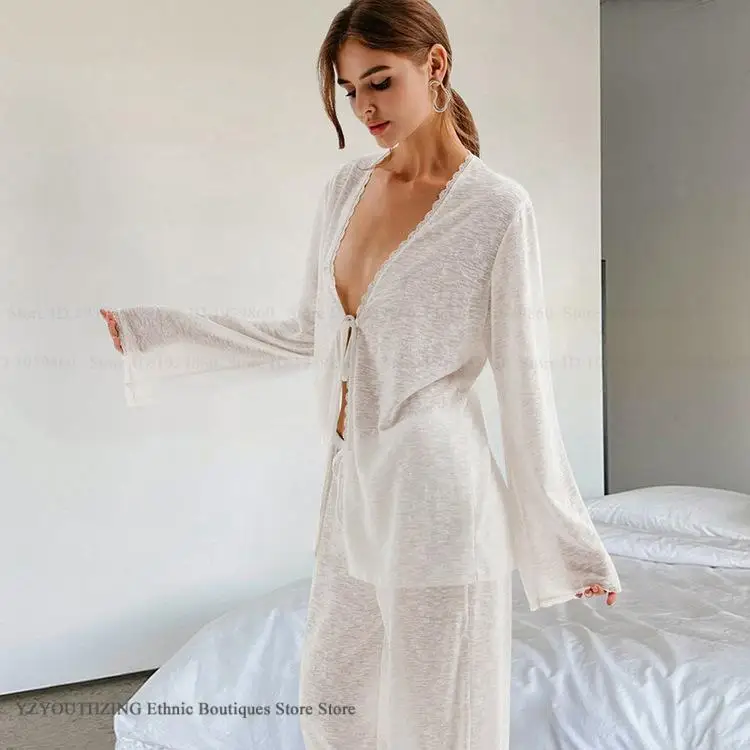 Fashion Female 2PCS Pajamas Set Sleepwear Sexy Perspective Lingerie Homewear Long Sleeve Pijamas Suit Loose Casual Lounge Wear