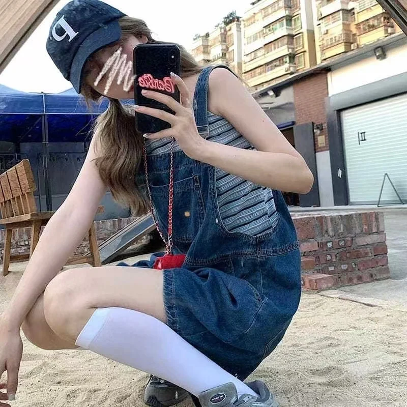 롬퍼 플레이수트 여성 빈티지 데님 여름 루즈 와이드 레그 하이 웨이스트 솔리드 심플 포켓 캐주얼 올매치 한국 스타일 Y2K