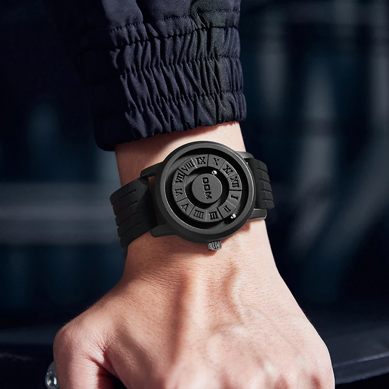 DOM 1345 Herren-Quarzuhr, Plattenspieler, magnetische Magnetperlen, Metallkugel, Kreis, Herrenuhren, Silikonband, kreative männliche Uhr