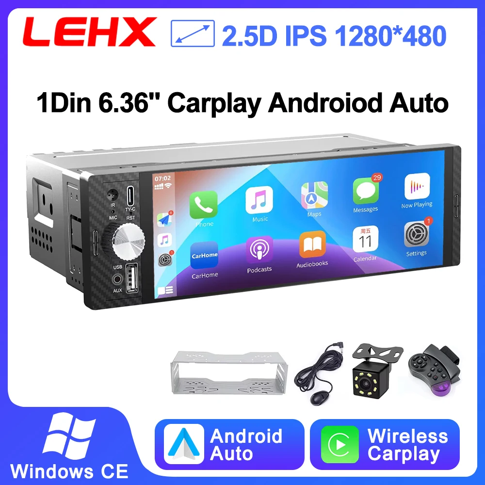 Radio para Auto LEHX Universal de 6.36 Pulgadas 1DIN, Compatible con Carplay Inalámbrico, Android AUTO, AUX, Pantalla Táctil IPS, Reproductor Multimedia de Video